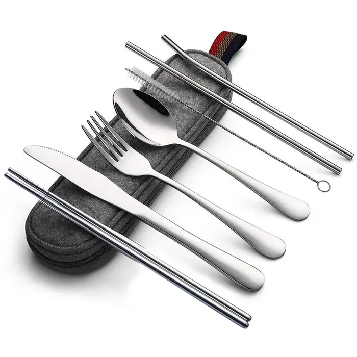 Ensemble de couverts de voyage réutilisables, vaisselle, ensemble d'ustensiles de camping avec cuill