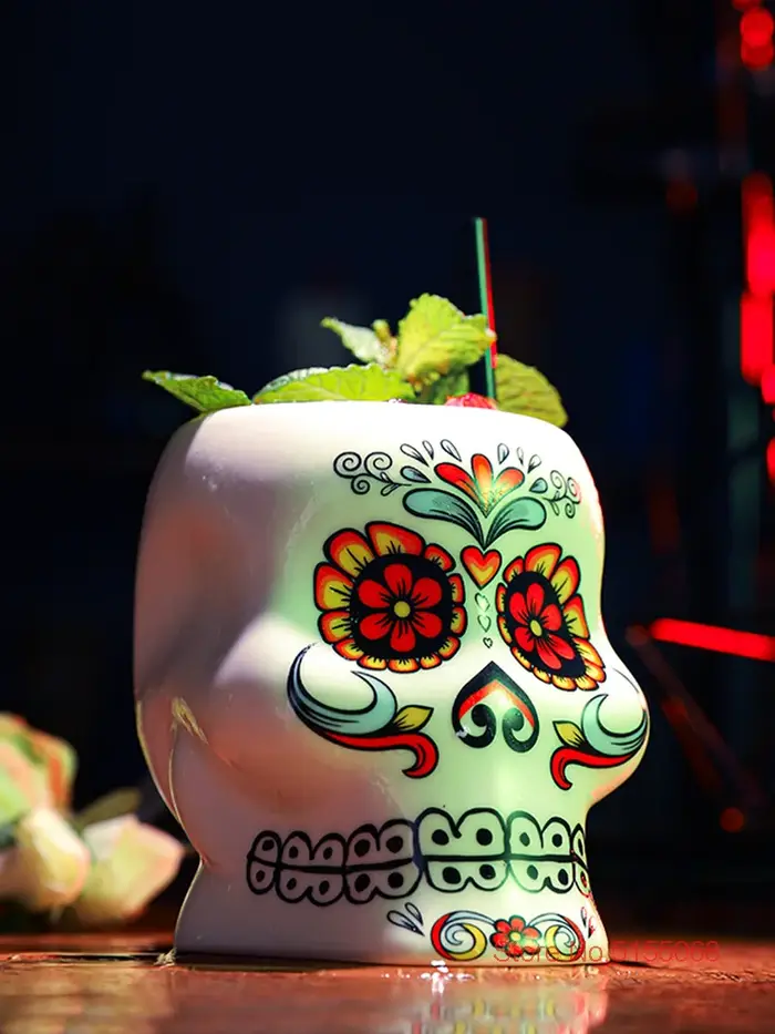 Verre à Cocktail en Céramique avec Motif de Fleur et Crâne