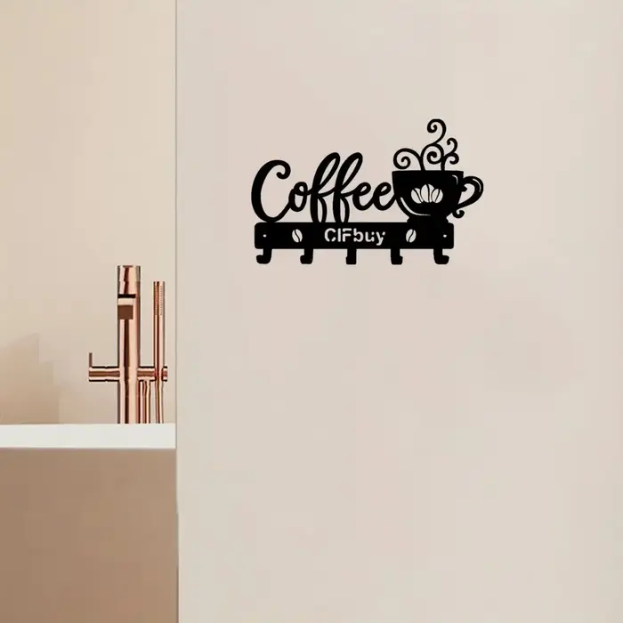 Art mural en métal rustique avec signe de tasse de café et crochets
