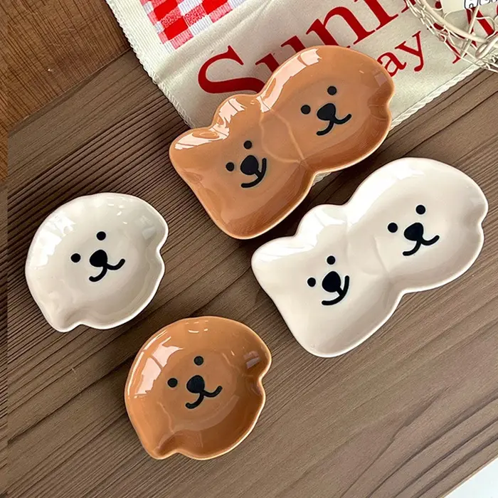Adorable plat à sauce en céramique avec motif de chien et d'ours mignon – Bol à tremper simple/double compartiment pour
