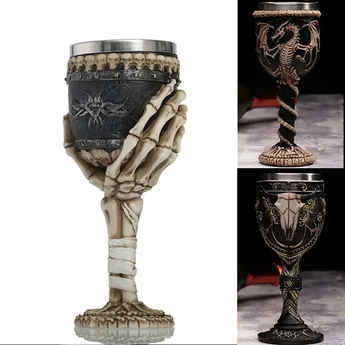 Verre à vin gothique Style contient crâne de chèvre Viking Dragon griffe doigt métal et résine