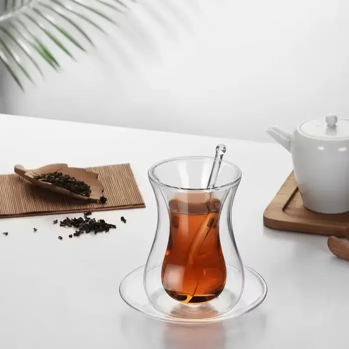 Beauté tasse à thé noir soucoupe cuillère à café ensembles turc Bohea Double paroi verre isolé thermique