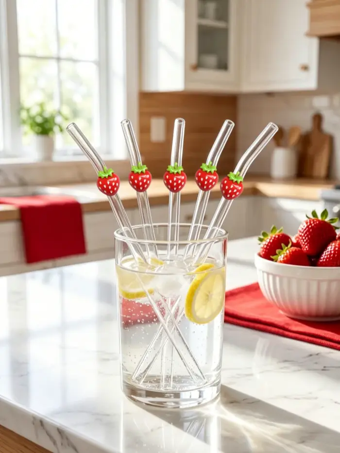 Pailles en verre courbées rouge fraise (1/3/6 pièces) pour boissons chaudes et froides, fournitures de cuisine, décoration de camping, cadeau de vacances et accessoire photo