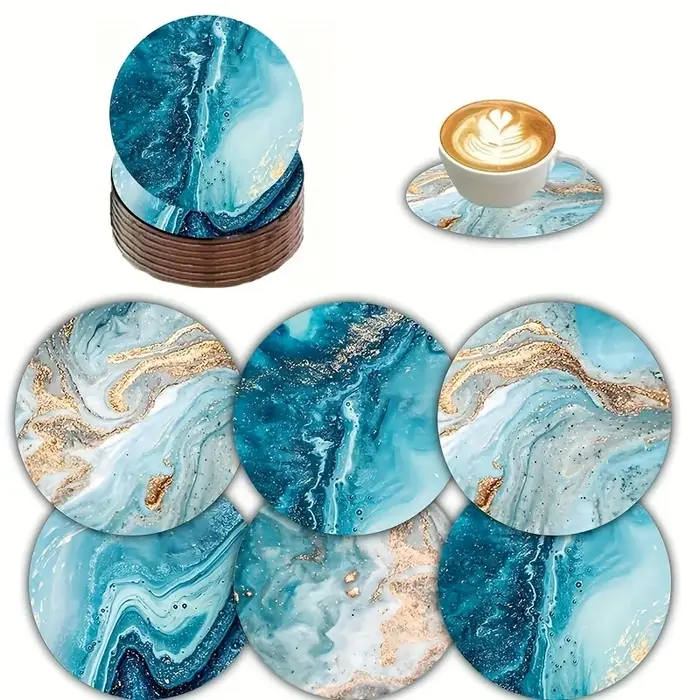 Ensemble de 6 dessous-de-verre et sets de table ronds en bois bleu océan 2D - Décoration de table po