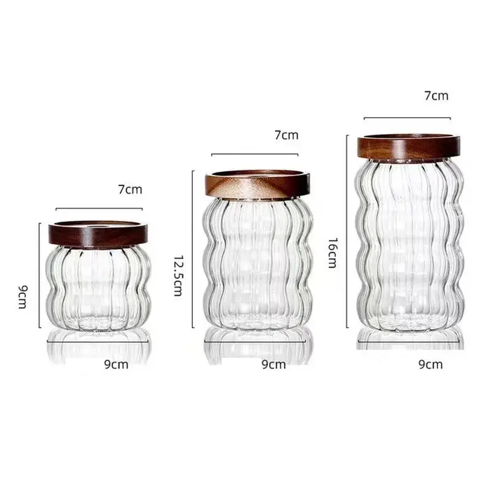 Bouteilles de rangement en verre rayé avec couvercle en bois