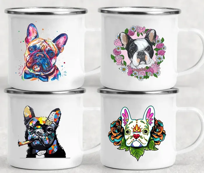 Tasse en verre émaillé imprimé bouledogue français
