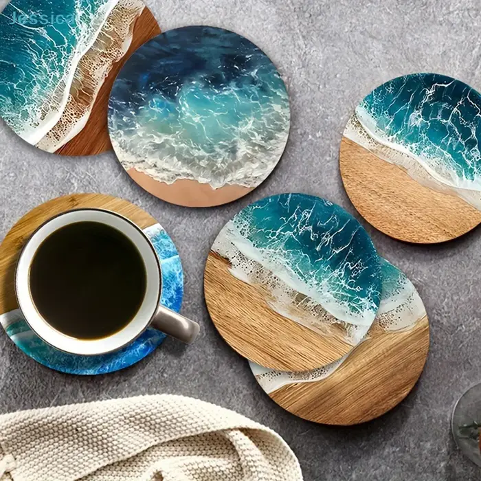 ♥ Ensemble de sous-verres océan vague et Grain de bois