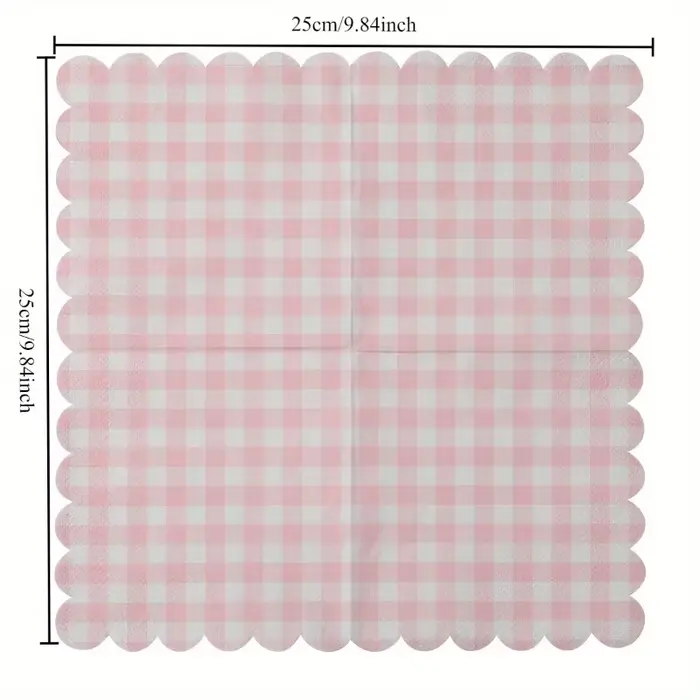 100 pièces serviettes festonnées à carreaux rose clair pliées 5x5 pouces