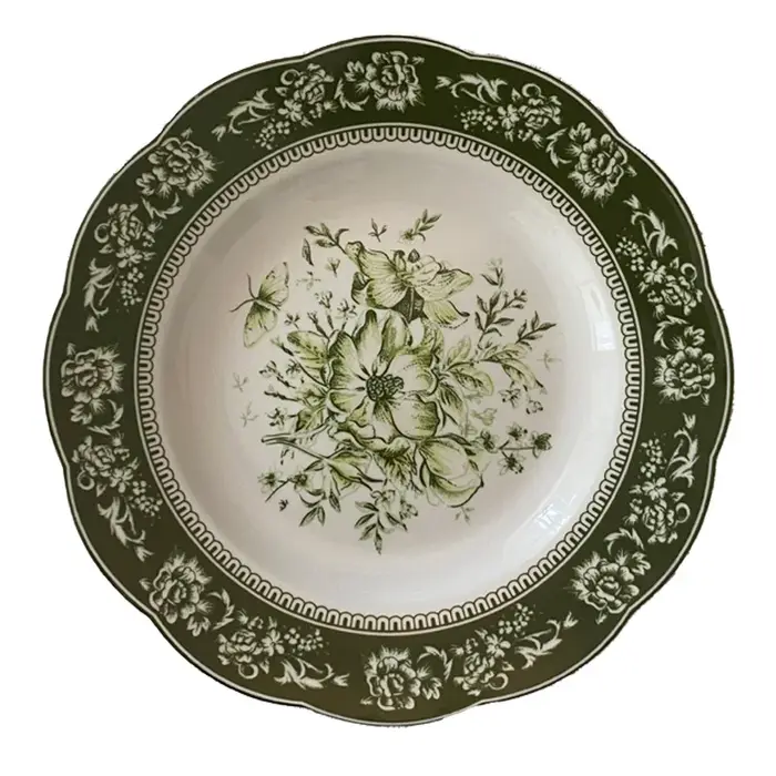 Assiettes à dîner en céramique en dentelle gaufrée de style rétro émeraude française