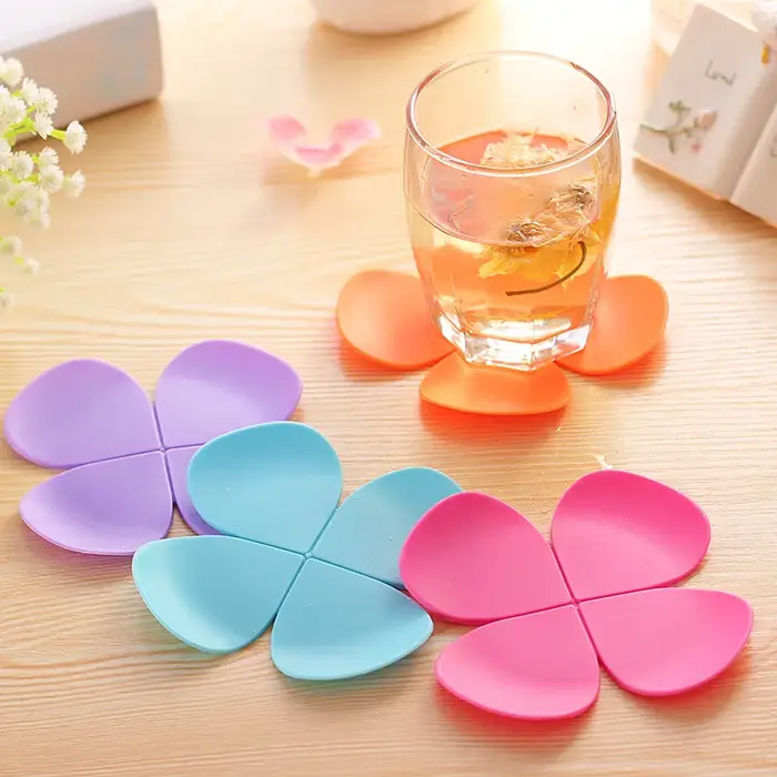 Sous-verre en silicone porte-bonheur, motif trèfle coloré et mignon, support de tasse, coussin de ta