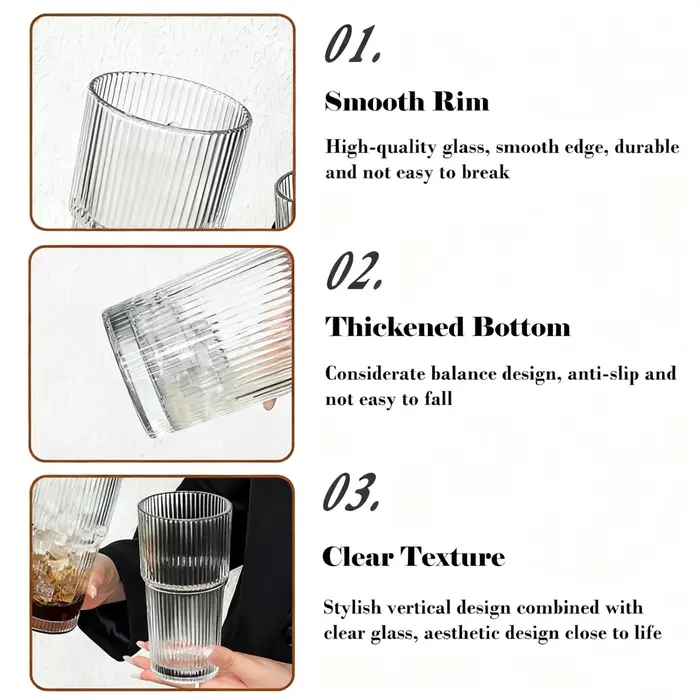 Lot de 2 gobelets en verre côtelé transparent de 20 oz avec paille et couvercle