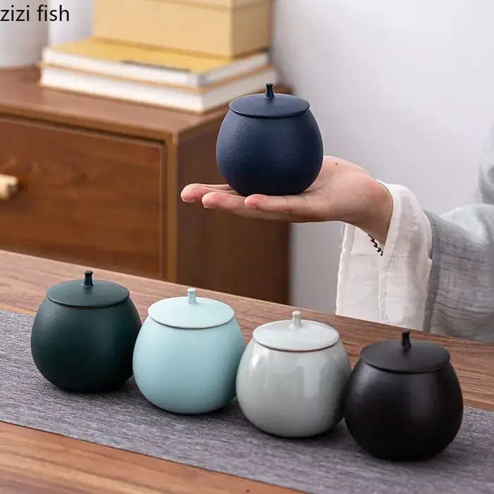 Boîte à thé en grès pot rond scellé caddie à thé en céramique