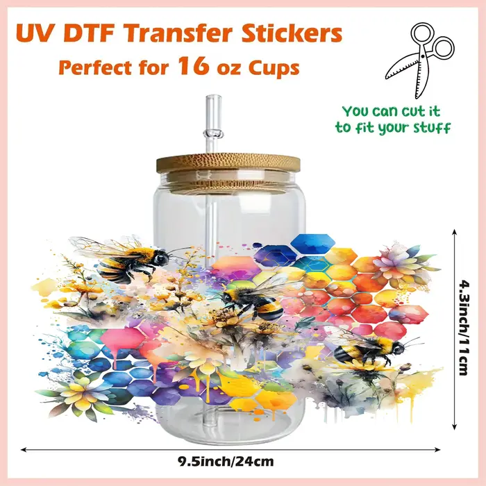 Thème abeille miel 16oz Libbey verre tasse enveloppes bricolage UV DTF autocollant motif papillon étanche 3D