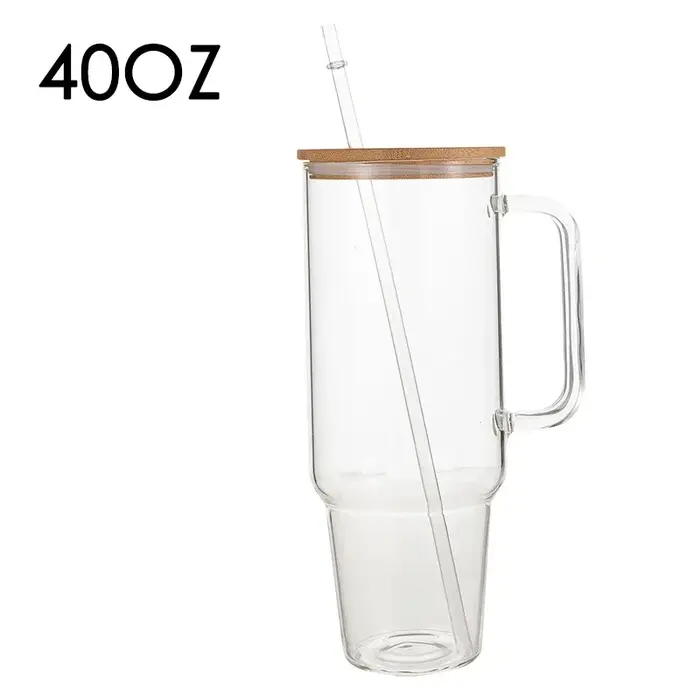 Tasse en verre avec poignée et couvercle en paille