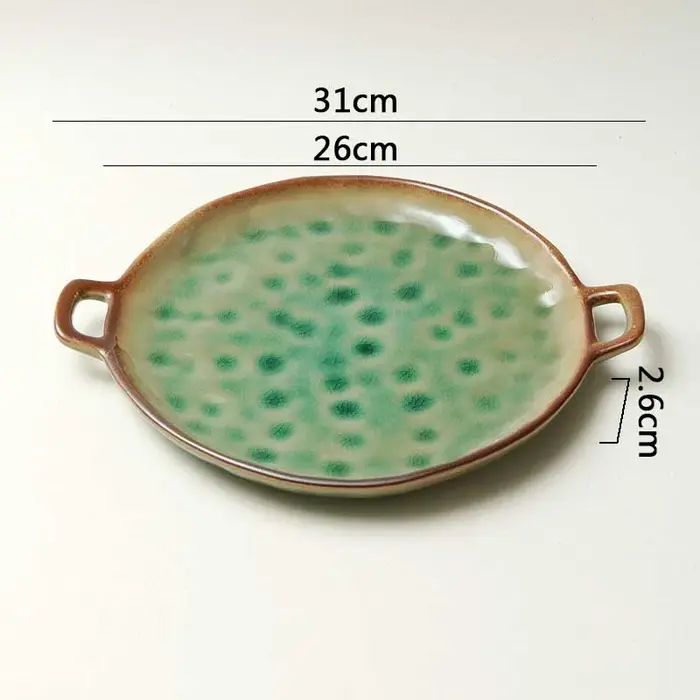 Assiette en céramique à double anse, couleur vert cuve de four, pour steak, pâtes, sushi, poisson, s