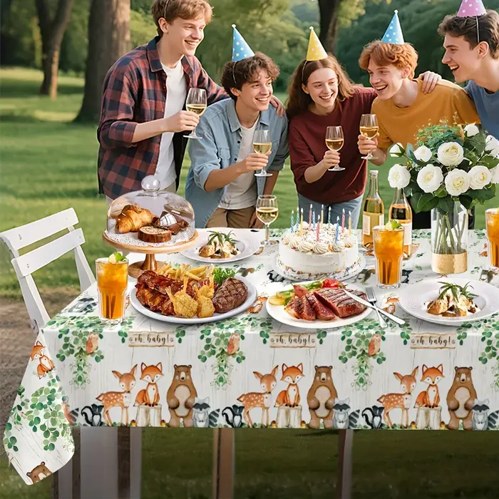 Ensemble de nappe en forme d'animaux de la forêt, 3 pièces, décor de fête à thème de la forêt, plastique imperméable pour anniversaire, réception-cadeau pour bébé, 54x108 pouces, jetable