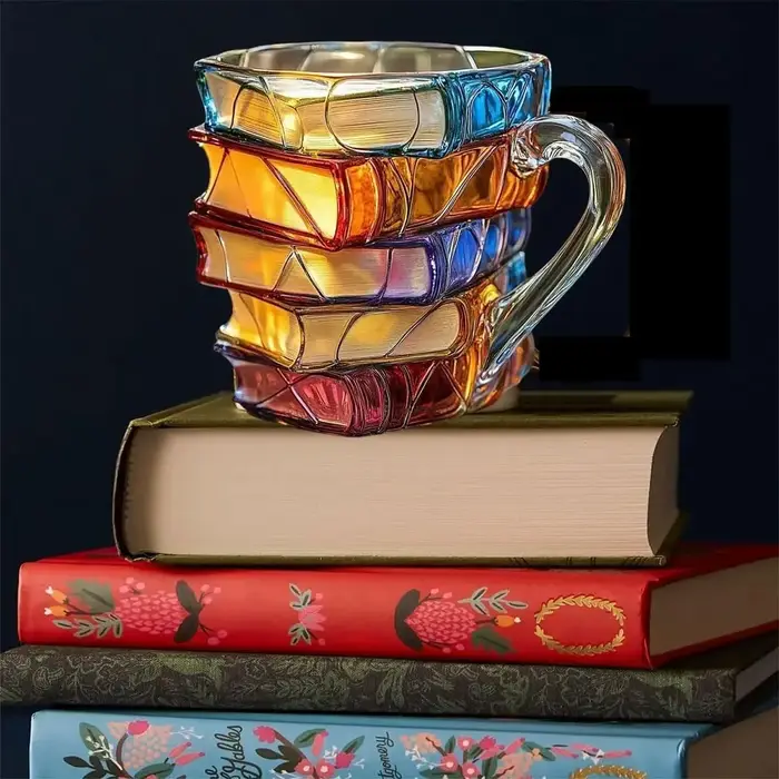Tasse à livre peinte, tasse à café en verre coloré 3D