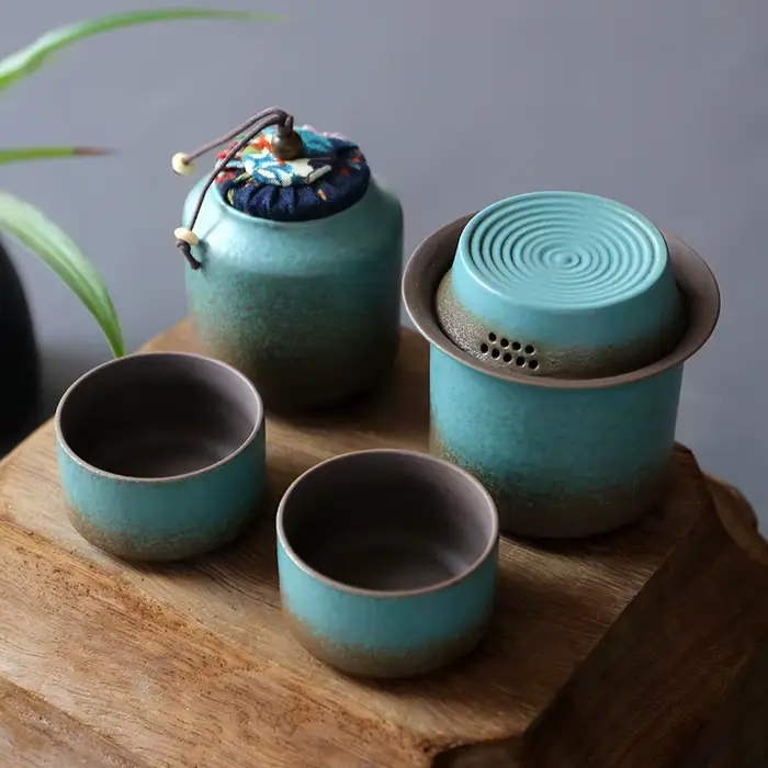 Changement de four vintage printemps vert poterie rugueuse un pot 4 tasses caddie à thé simple petit