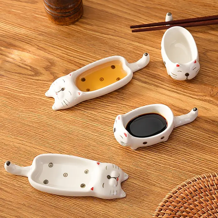 Plats à Sauce chat/lapin de dessin animé, Pot en céramique, plats à tremper, couteau de cuisine et porte-fourchette, décoration de Table