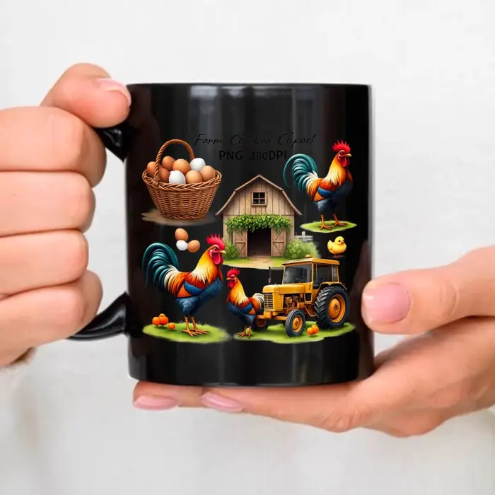 Tasse à café de poulet de ferme, coq noir, panier de poule, tracteur d'œufs, conception de scène de 
