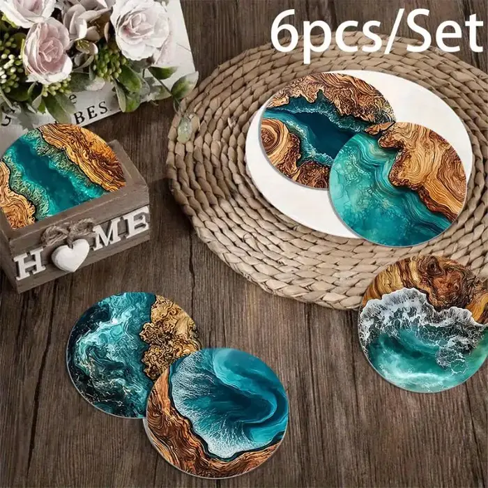 Ensemble de sous-verres à motif de vagues océaniques et de grain de bois