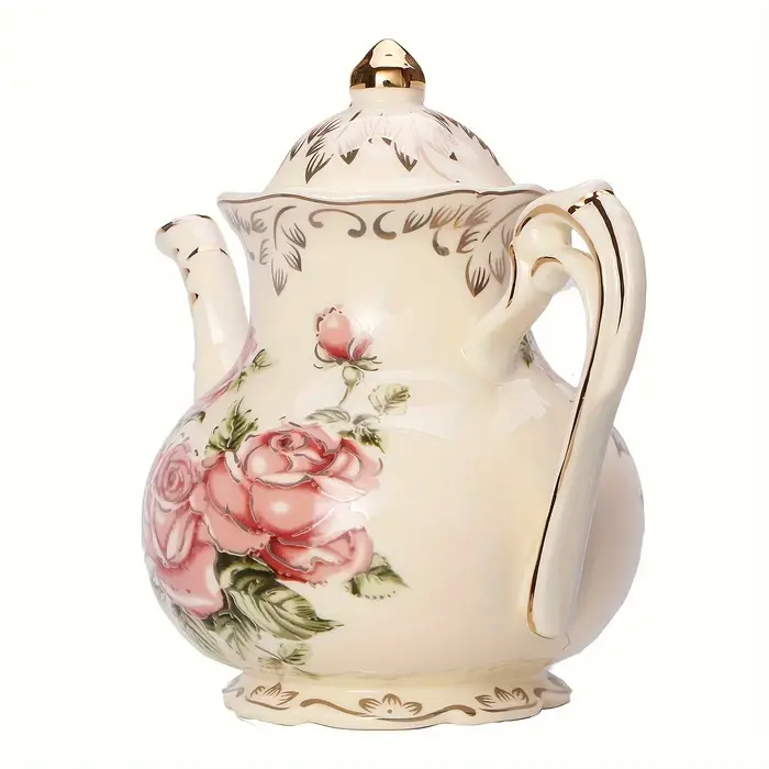 Théière en céramique rose / Tasse et soucoupe - Cafetière à bordure dorée - Cadeau élégant pour le thé de l'après-midi