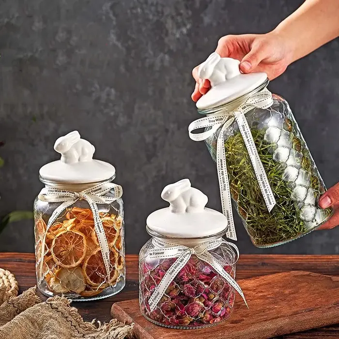 Pot scellé en verre transparent avec couvercle en céramique