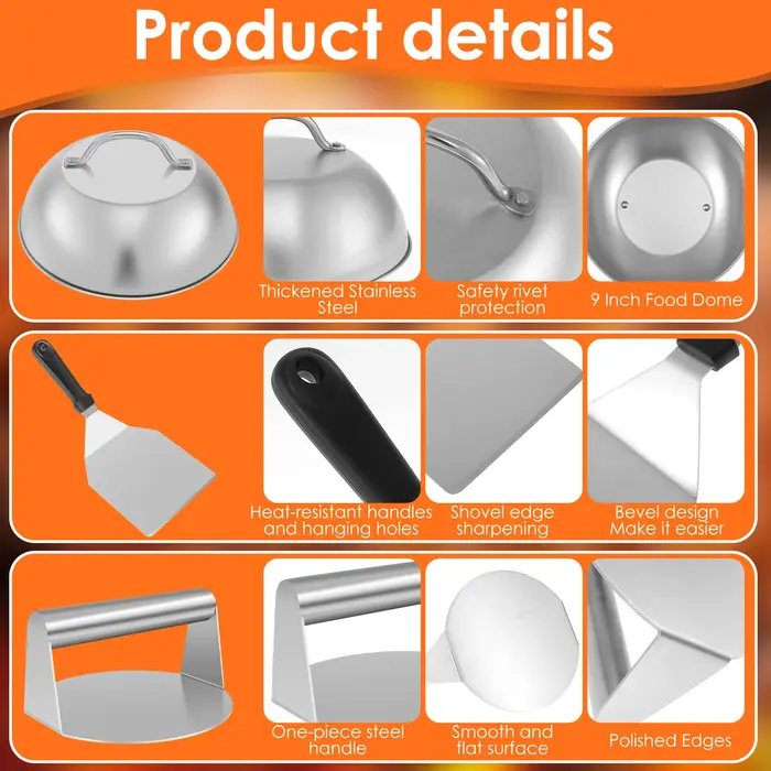Kit de hamburger Smash avec couvercle, spatule de plaque chauffante, presse à hamburger en acier ino