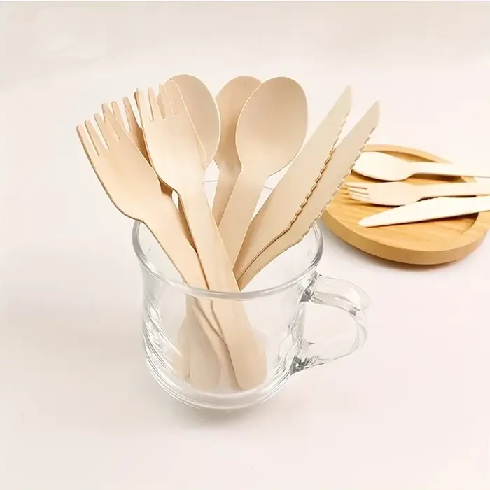 50 pièces jetable en bois cuillère fourchette ensemble de couverts mariages fêtes d'anniversaire Desserts gâteaux crème
