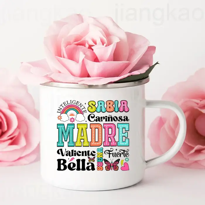 Tasse à café en émail imprimé espagnol pour mère courageuse