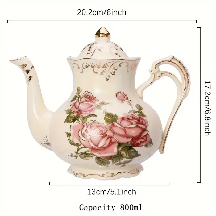 Théière en céramique rose / Tasse et soucoupe - Cafetière à bordure dorée - Cadeau élégant pour le thé de l'après-midi