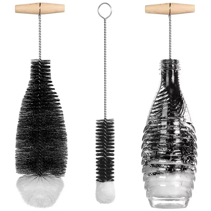 Bouteille en verre à vin avec manche en bois de hêtre, nettoyeur de pots, bouteille de soda, brosse