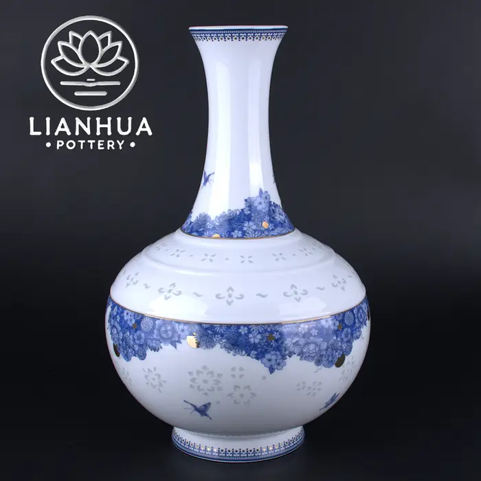 Vase en porcelaine Linglong de Jingdezhen LIANHUA POTTERY, 10,5 pouces, avec accents dorés, motif fl