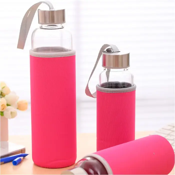 Bouteille d'eau en verre avec couvercle en acier inoxydable et sac de protection