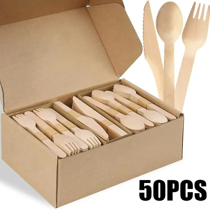 50 pièces jetable en bois cuillère fourchette ensemble de couverts mariages fêtes d'anniversaire Desserts gâteaux crème