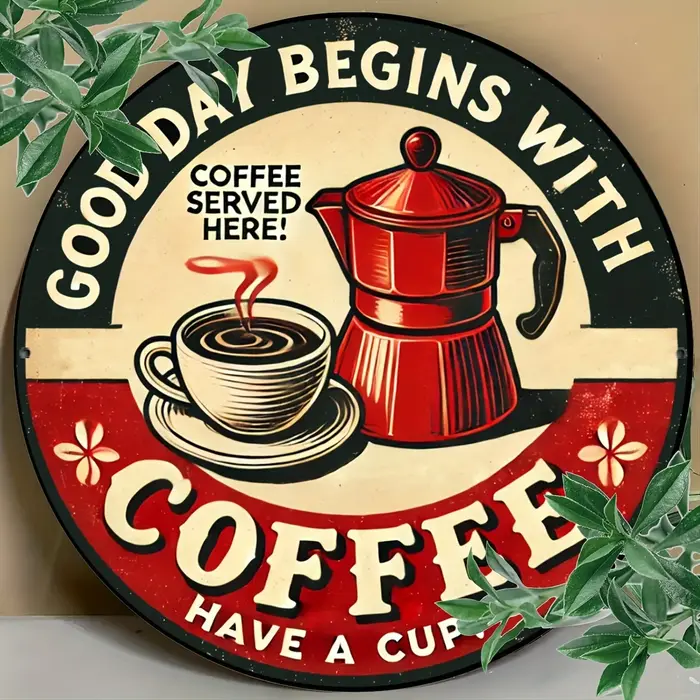 Pancarte Métallique Ronde Vintage « Bonne Journée Commence avec du Café » au Design Rétro