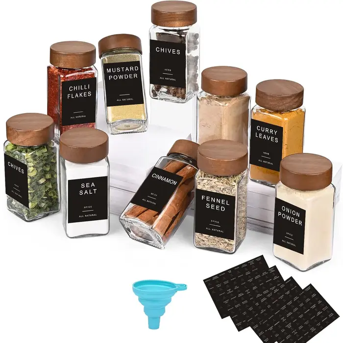 Glass vanilla seasoning jar with solid wood seasoning jar lid, labeled seasoning container, sealed empty glass seasoning contain