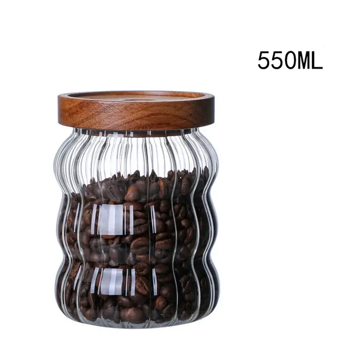 Bouteilles de rangement en verre rayé avec couvercle en bois