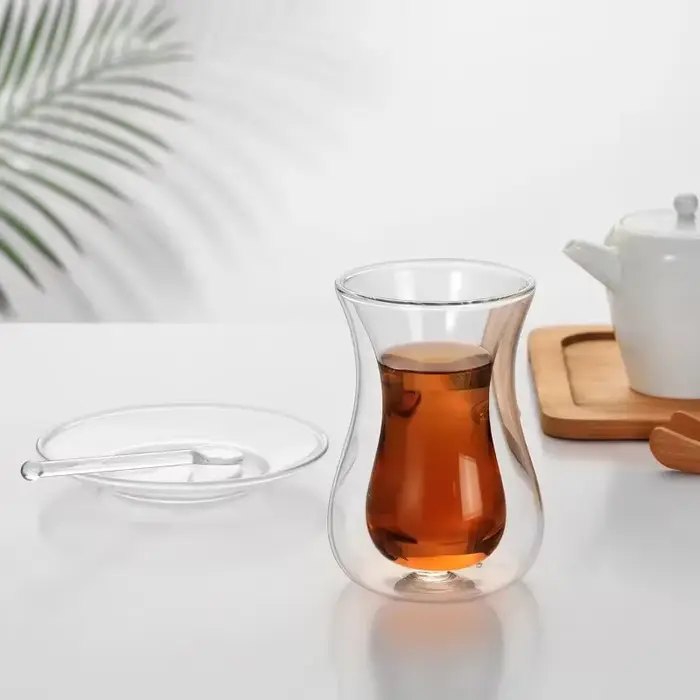 Beauté tasse à thé noir soucoupe cuillère à café ensembles turc Bohea Double paroi verre isolé thermique