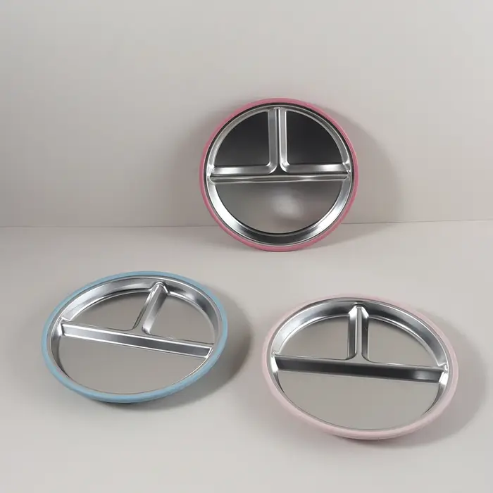 Assiette pour enfants en acier inoxydable avec bord en silicone