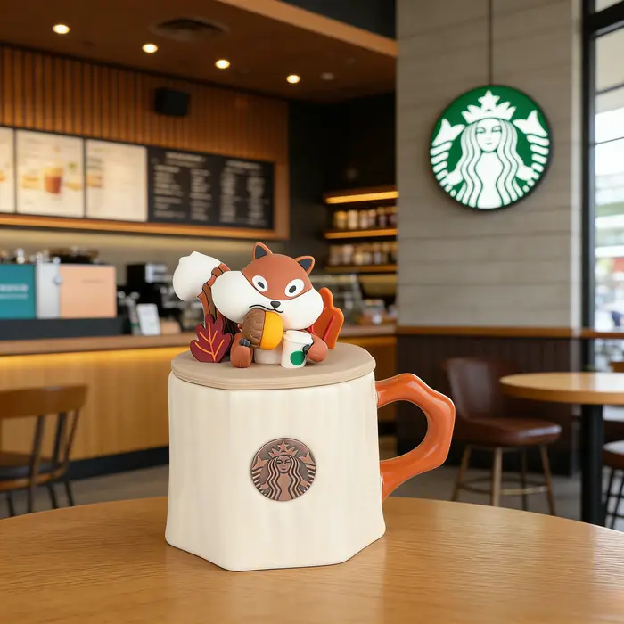 Tasse à café Starbucks en céramique en forme d'écureuil d'automne avec couvercle anti-poussière en bois pour bureau