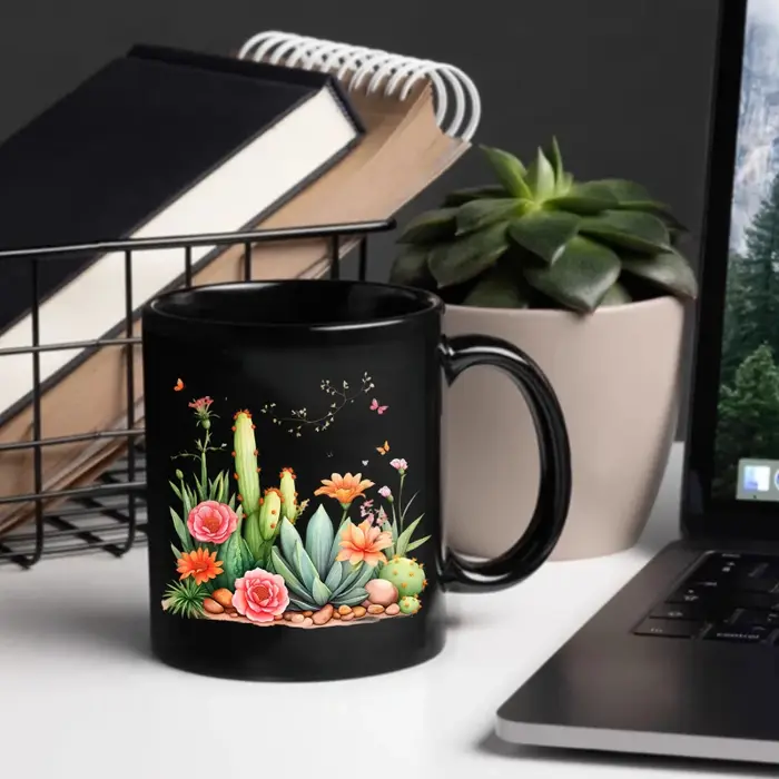 Tasse en céramique Cactus noir et fleurs