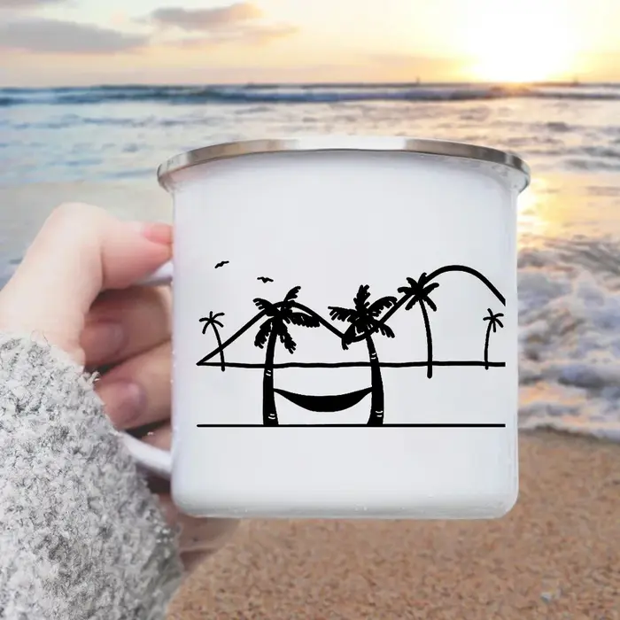 Tasse à café en émail personnalisée, feu de camp de plage, surfeur, camping-car, plongeurs sous-mari
