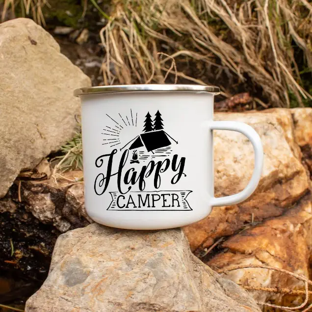 Tasses à café Happy Camping Print, Tasse en émail créative, Cadeaux personnalisés, Tasse de tourisme, Bière, Tasse à thé inhabituelle, Chi She Drinkware, Standard