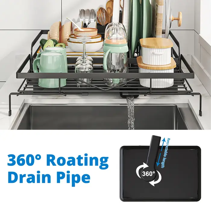Égouttoir à vaisselle extensible avec porte-couverts et bec de drainage pivotant