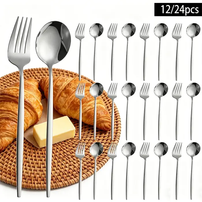 Ensemble de couverts en acier inoxydable argenté de 12/24 pièces