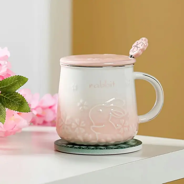 Tasse à café en céramique motif lapin mignon, tasse de fleurs de cerisier, tasses de petit déjeuner,