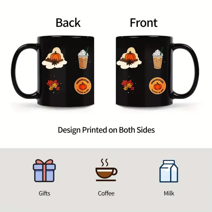 Tasse en céramique noire avec latte aux épices de citrouille et design de feuilles d'automne pour les amateurs de café