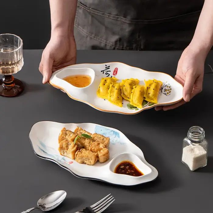Assiette à raviolis 1 pièce avec coupelle à vinaigre, forme créative spéciale, pour restaurant et usage domestique, assiette à frites et raviolis, vaisselle de table domestique