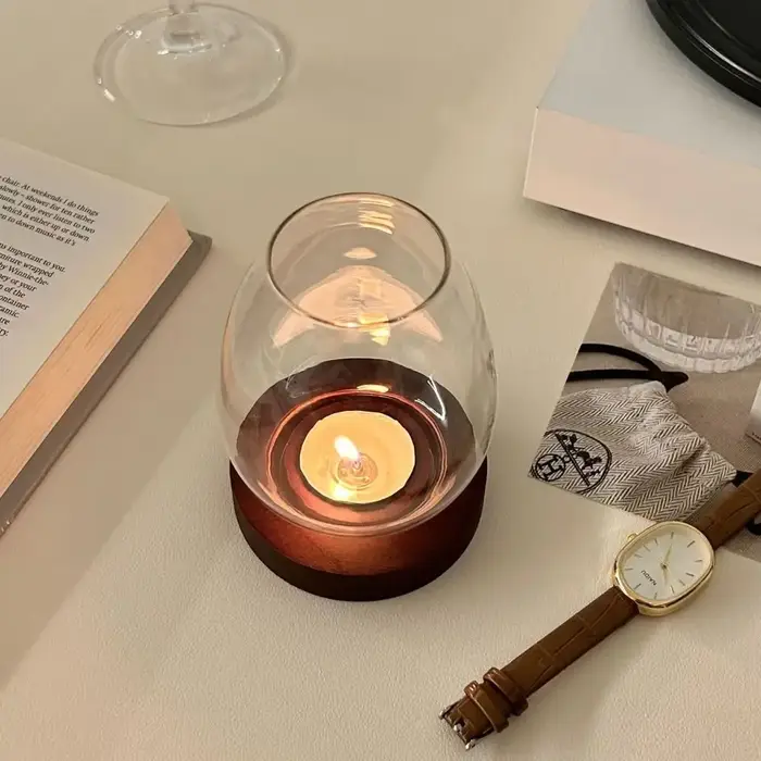 Bougeoirs en verre avec couvercle de tasse rond avec Base en bois